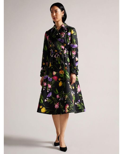Ted Baker Moiraa Floral Print Double Breasted Trench Coat in Black ...