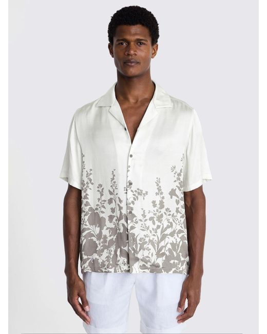 Moss Bros White Floral Print Cuban Collar Shirt for men