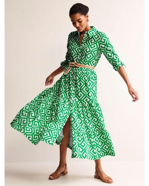 Boden Green Flo Maze Print Tiered Maxi Shirt Dress