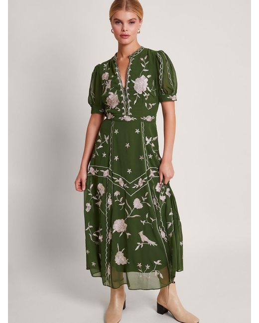 Monsoon Green Grace Embroided Midi Dress