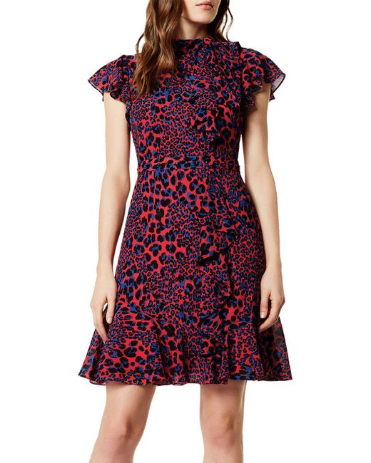 Rundt og rundt Symptomer Økonomisk Karen Millen Ruffled Leopard Print Dress in Red | Lyst UK