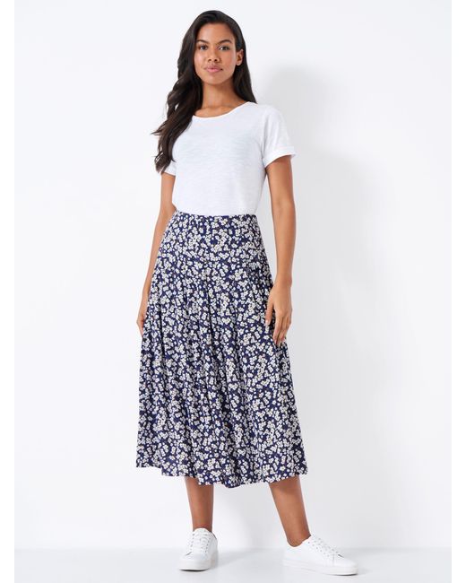 Crew Blue Floral Printed Tiered Midi Skirt