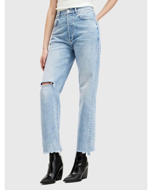 AllSaints Blue Edie High Rise Ripped Straight Jeans
