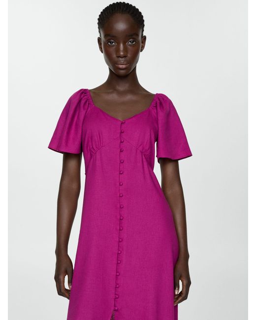 Mango Pink Buttoned Linen Blend Midi Dress