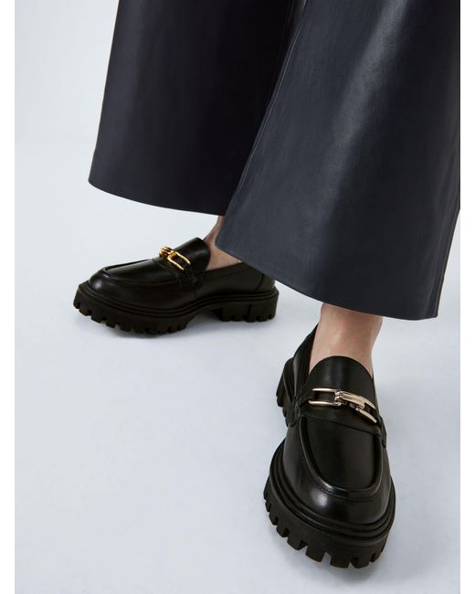John Lewis Black Glowing Leather Chunky Platform Loafers
