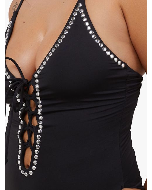 Wolf & Whistle Black Gabrielle Fuller Bust Eco Studded Lace Up Swimsuit