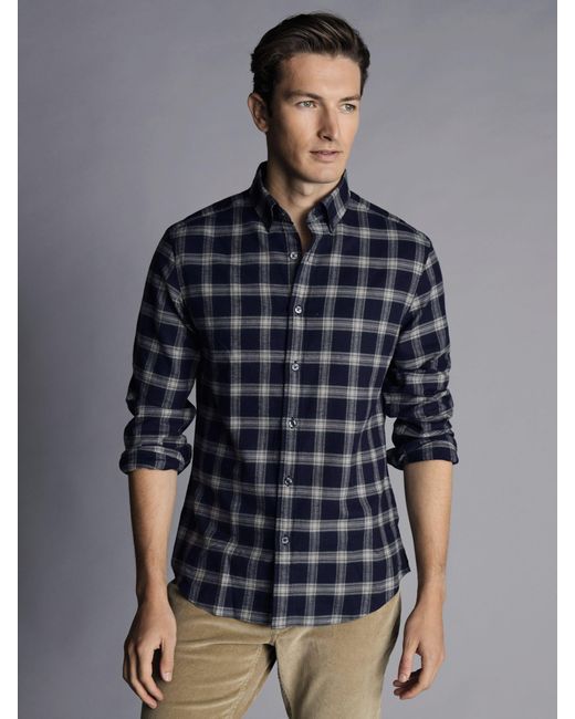 Charles Tyrwhitt Blue Brushed Flannel Slim Fit Shirt for men