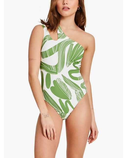 Accessorize Green Squiggle Print One Shoulder Swimsuit