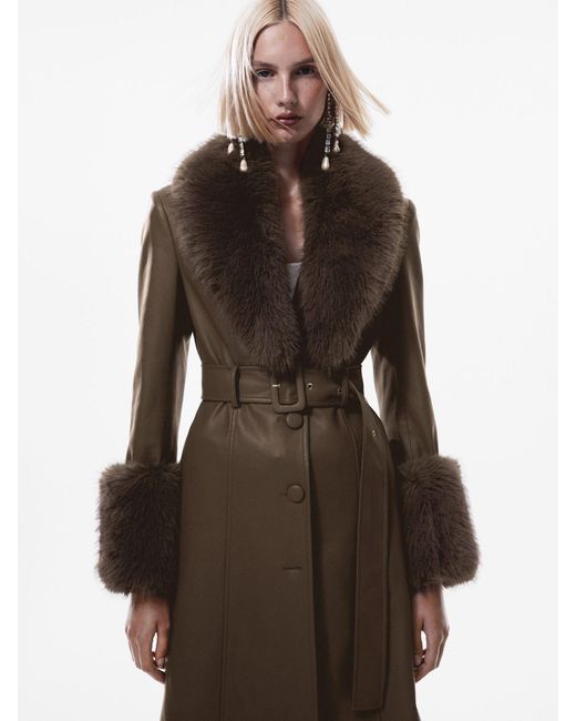 Mango Brown Fernanda Faux Fur Trimmed Leather Effect Coat