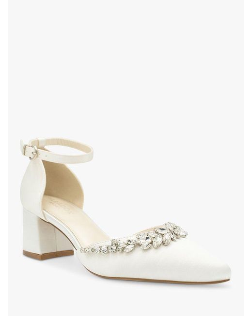Paradox London White Cinta Dyeable Embellished Satin Mid Block Heel Court Shoes