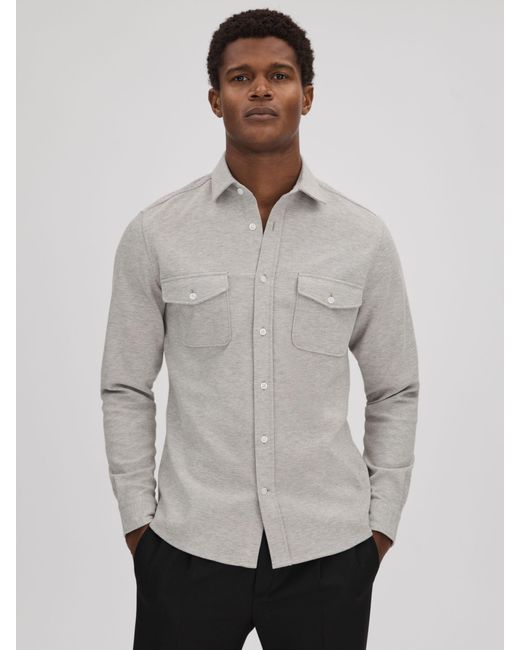 Reiss Gray Ragan - Soft Grey Melange Textured Button-through Shirt for men