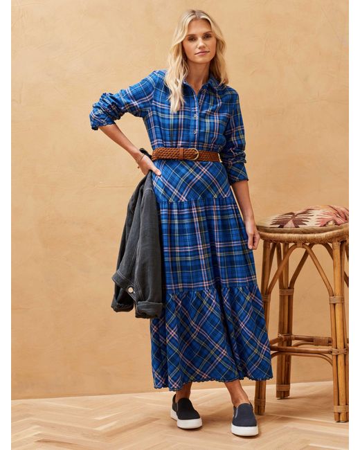 Brora Blue Brushed Cotton Check Tiered Dress