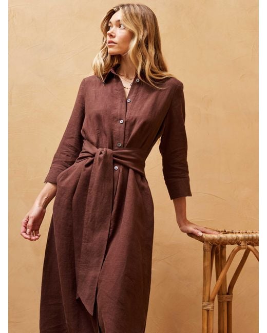 Brora Brown Linen Midi Shirt Dress