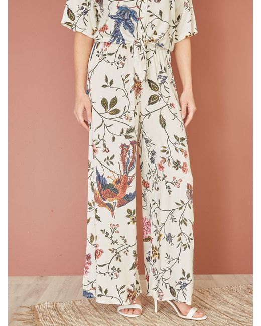 Yumi' Multicolor Bird And Floral Print Wide Leg Trousers