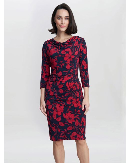 Gina Bacconi Red Abbie Printed Jersey Cowl Neck Dress