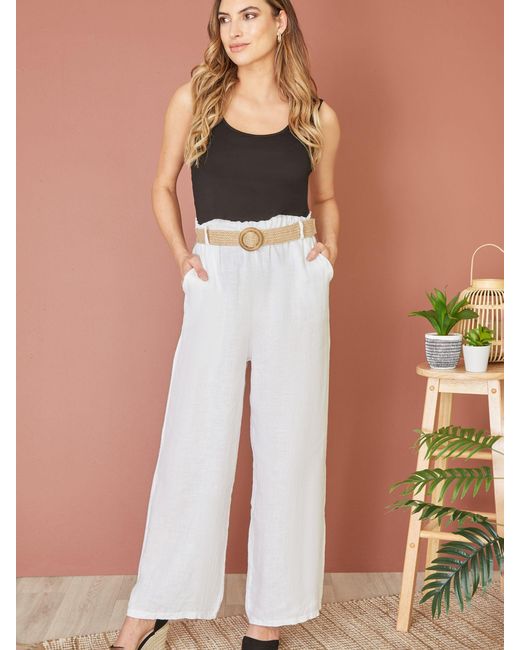 Yumi' White Italian Linen Wide Leg Trousers & Belt