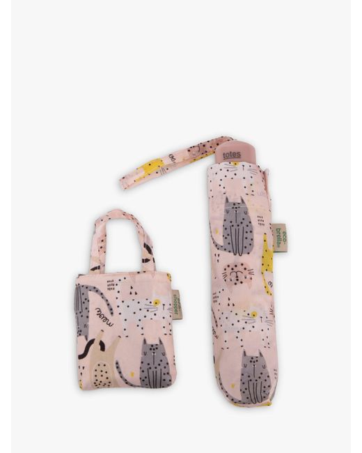 Totes Pink Eco Dotty Cats Umbrella And Matching Folding Shopping Bag