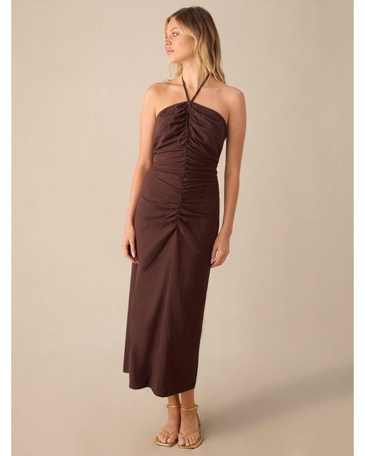 Ro&zo Natural Halterneck Ruched Front Midi Dress