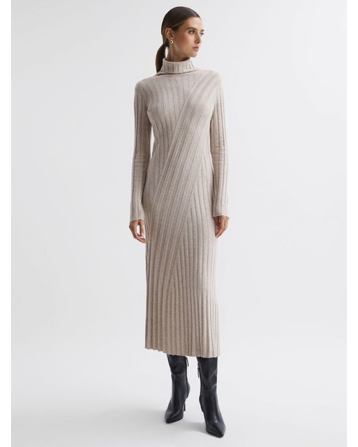Reiss Natural Cady - Neutral Fitted Knitted Midi Dress