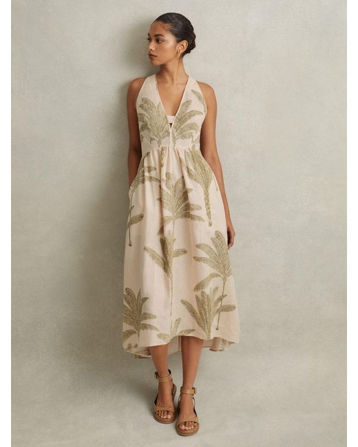 Reiss Natural Anna Palm Print Linen Midi Dress