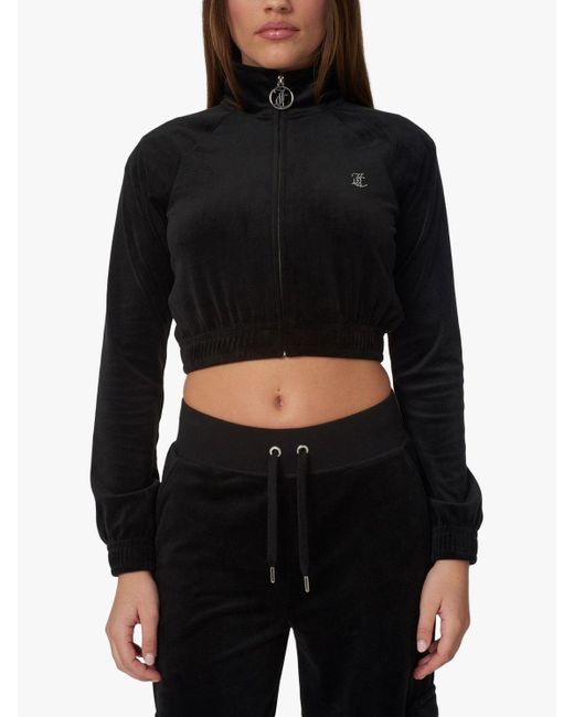 Juicy Couture Black Tasha Diamante Embellished Cropped Velour Track Top