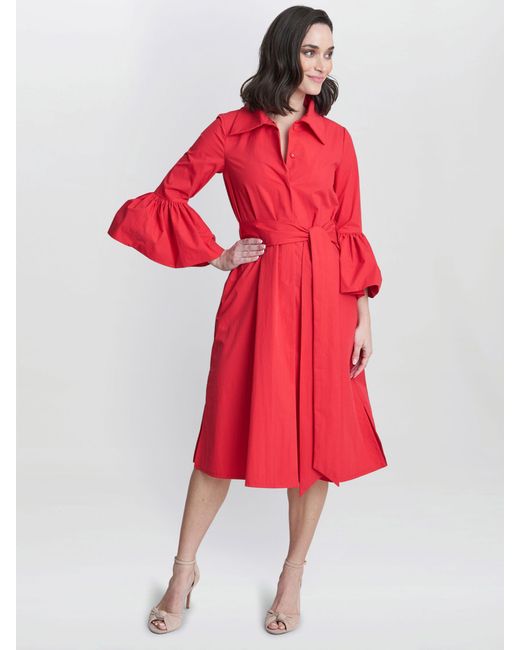 Gina Bacconi Red Melinda Taffeta Midi Shirt Dress