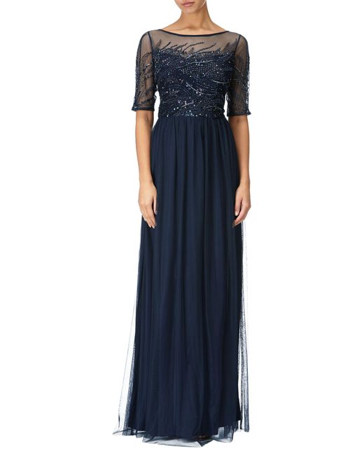 Adrianna Papell Blue Short Sleeve Embellished Evening Dress