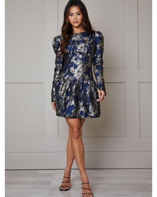 Chi Chi London Blue Jacquard Mini Dress
