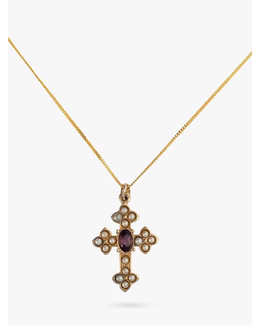 L & T Heirlooms Metallic Second Hand 9ct Gold Amethyst & Pearl Cross Pendant Necklace