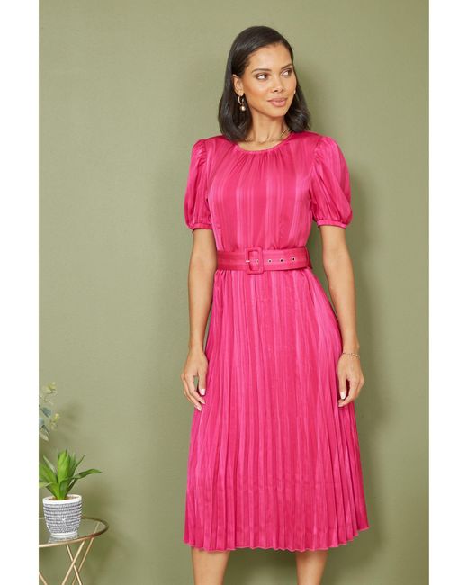 Yumi' Pink Satin Pleated Midi Dress