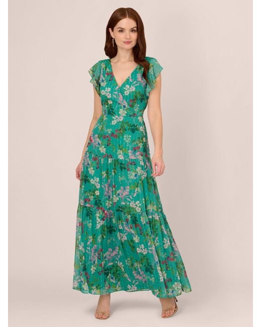 Adrianna Papell Green Floral Tiered Maxi Dress