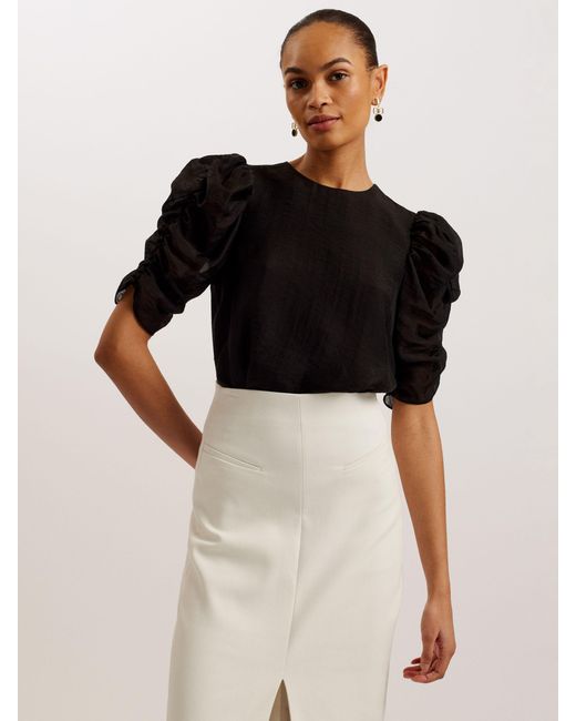 Ted Baker Black Sachiko Ruched Puff Sleeve Organza Top