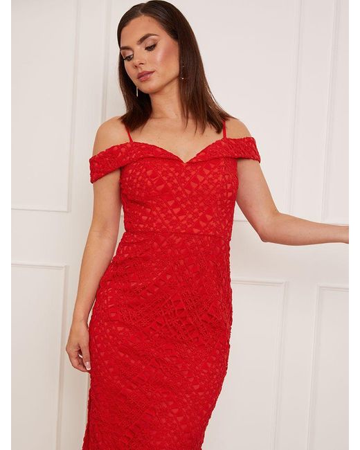 Chi Chi London Bardot Lace Midi Dress in Red | Lyst UK