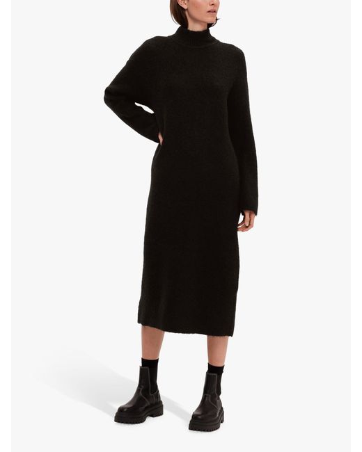 SELECTED Black Wool Blend High Neck Midi Jumper Dress