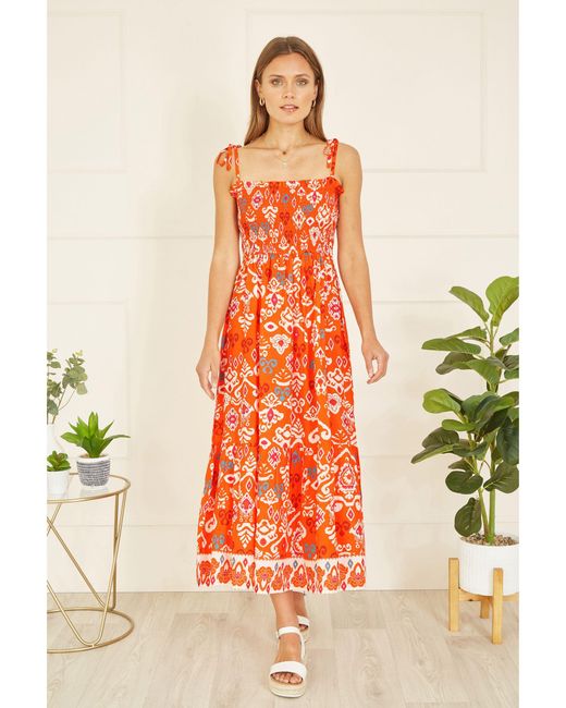 Yumi' Orange Ikat Print Maxi Sun Dress