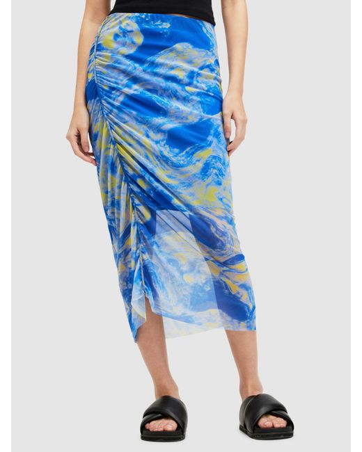 AllSaints Blue Nora Abstract Print Sheer Midi Skirt