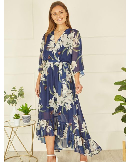 Yumi' Blue Kimono Floral Print Midi Dress