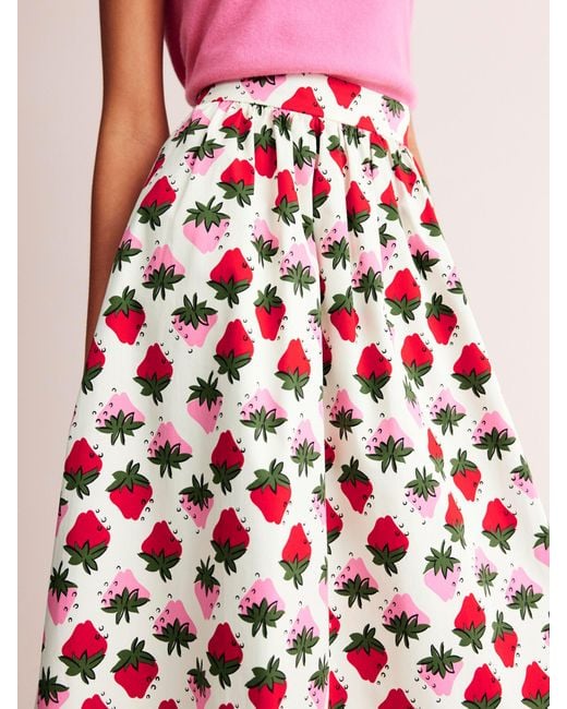 Boden Pink Layla Strawberry Print Cotton Sateen Midi Skirt