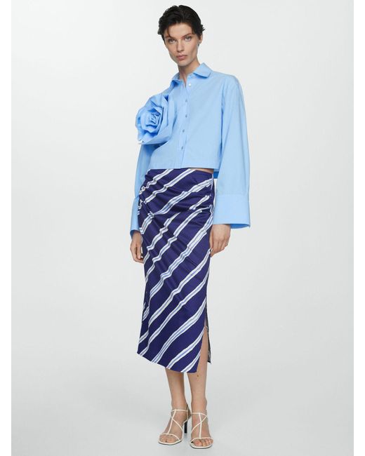 Mango Blue Salome Stripe Slit Midi Skirt
