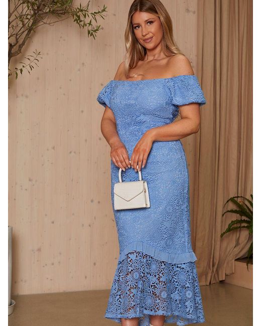 Chi Chi London Blue Bardot Lace Peplum Midi Dress