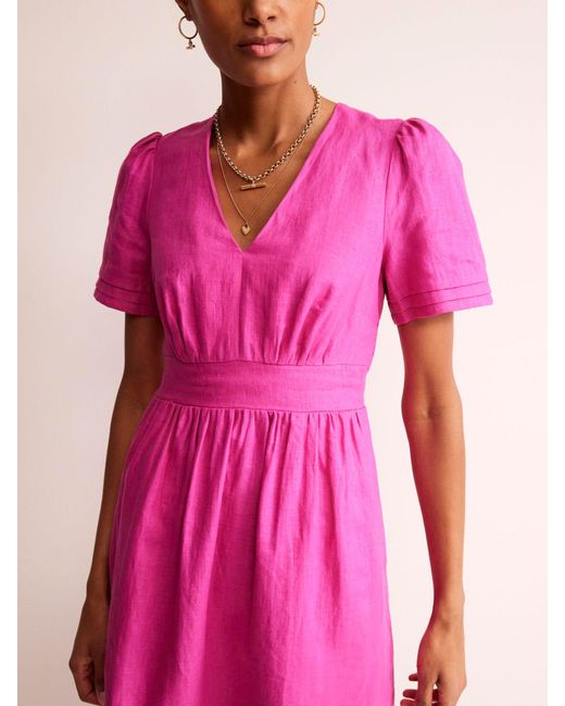 Boden Pink Eve Puff Sleeve Linen Dress