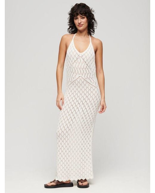 Superdry White Crochet Halterneck Maxi Dress