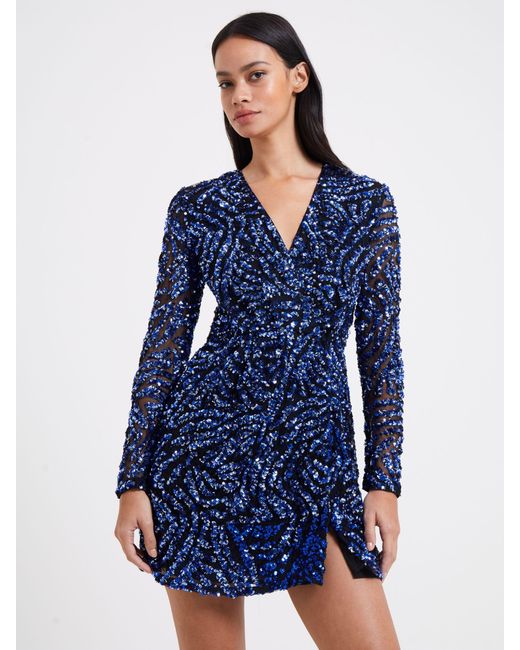 French Connection Blue Deniz Embellished Long Sleeve Mini Dress