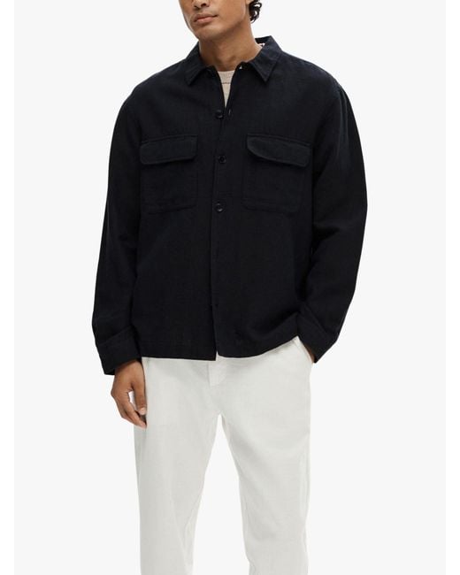 SELECTED Black Linen Overshirt for men