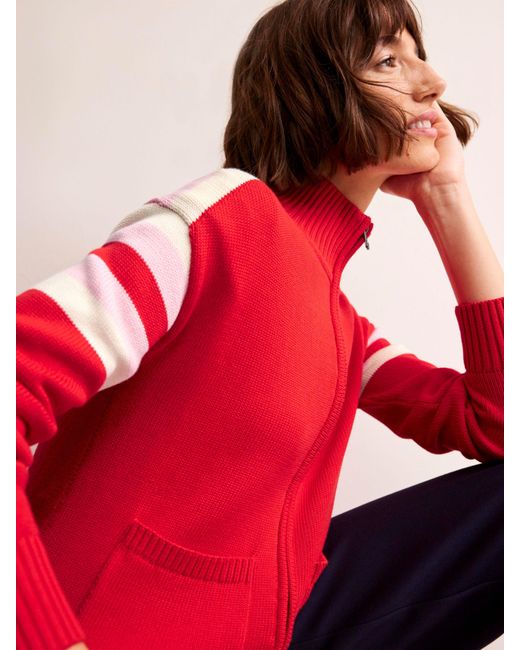 Boden Red Stripe Sleeve Knitted Zip-up Cardigan