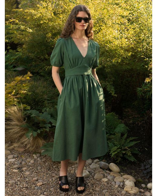 Great Plains Green Crinkle Cotton V-neck Midi Dress