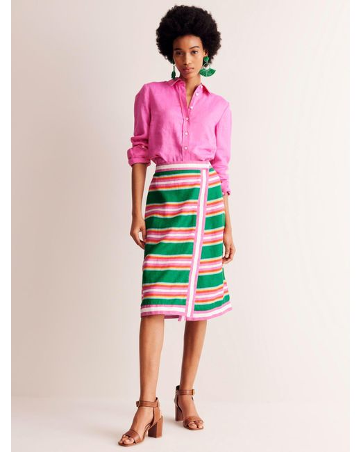 Boden Pink Linen Border Wrap Knee Length Skirt