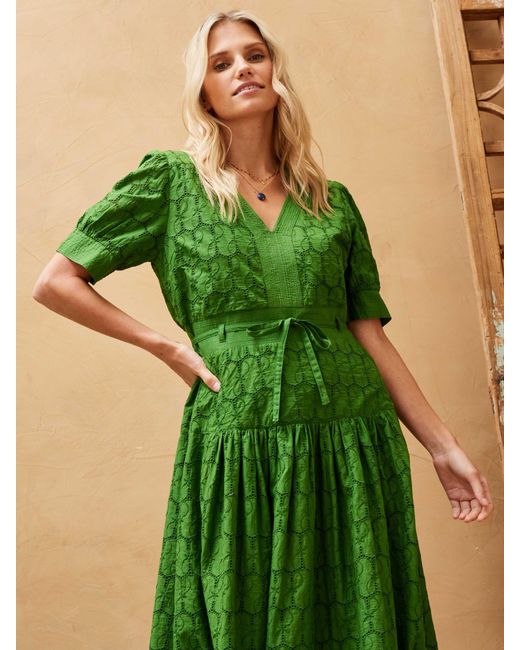 Brora Green Organic Cotton Broderie Anglaise Midi Dress