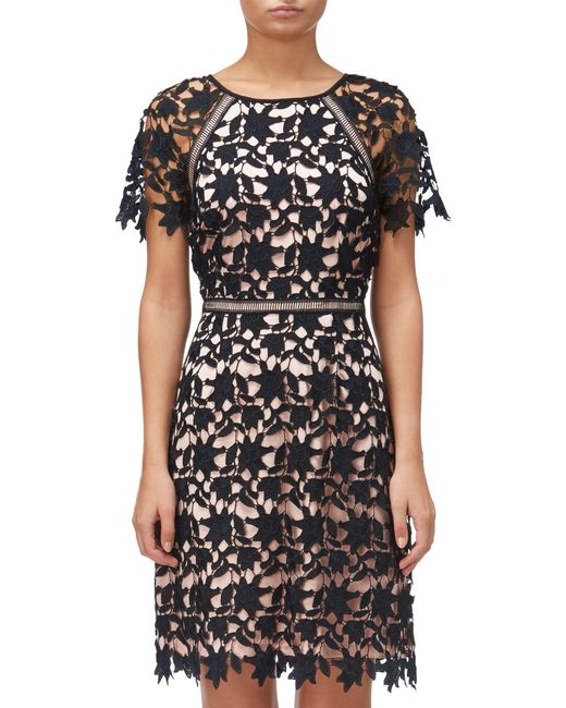 Adrianna Papell Black Ava Lace Trimmed A-line Dress