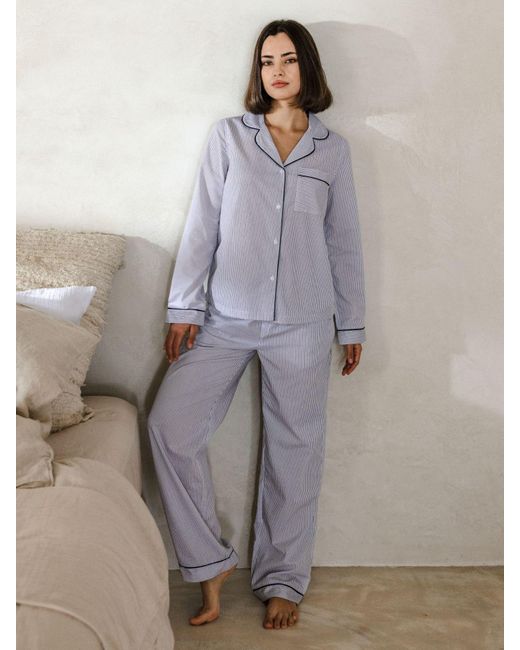 Chelsea Peers Gray Poplin Stripe Long Pyjama Set
